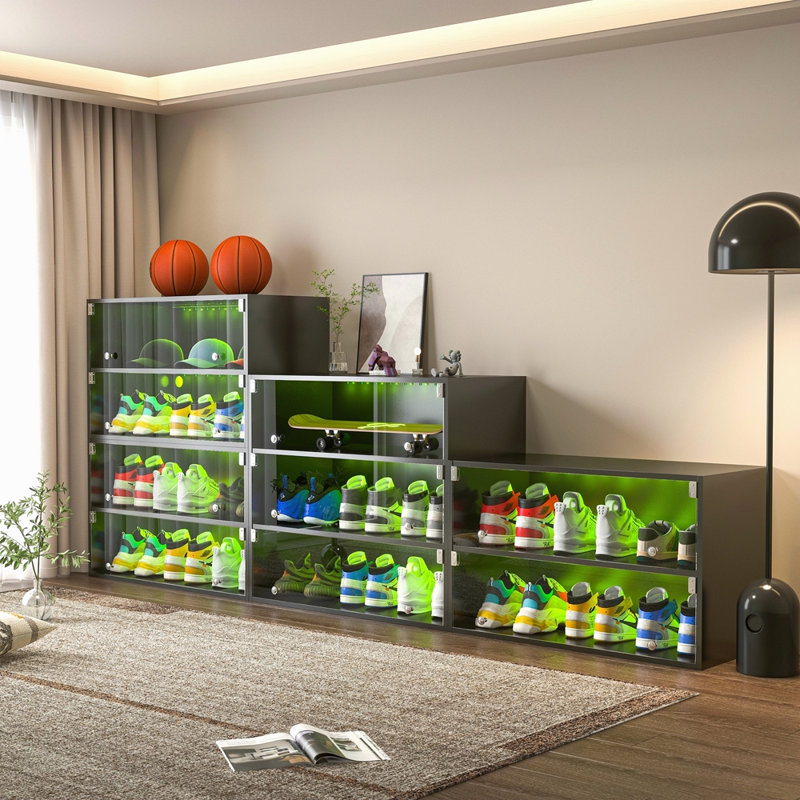 Boîte à chaussures à DEL avec trois couches et portes en verre, Noir