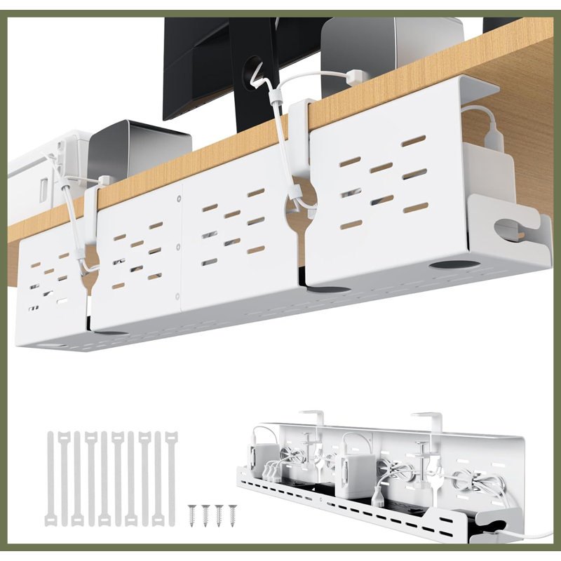 Plateau de gestion des câbles sous-bureau blanc de 81 cm (32 pouces), organisateur de câbles en acier à fixation sans perçage par pince en C et vis