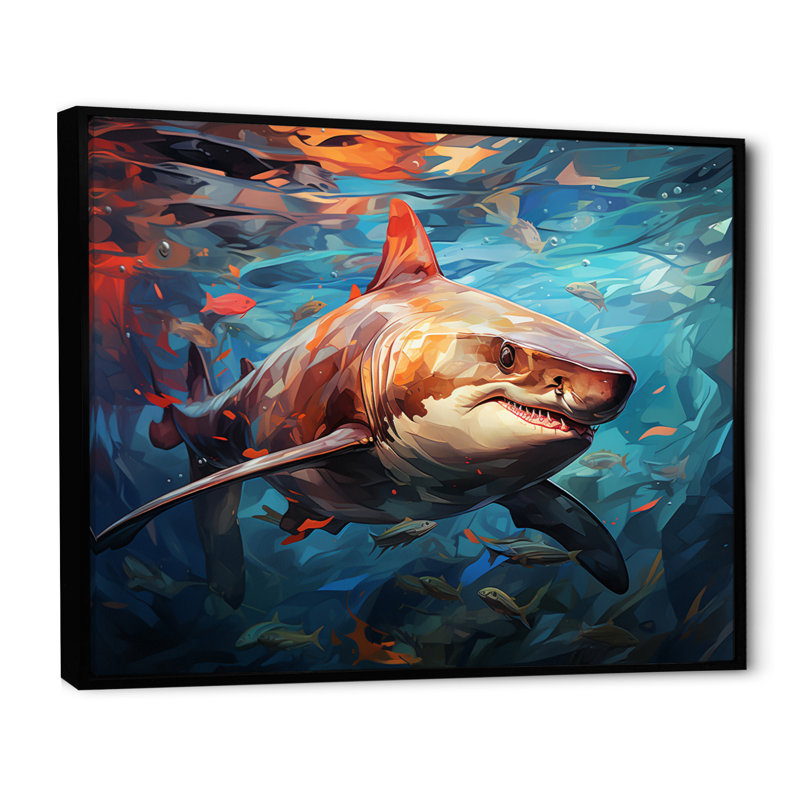 Bleu sarcelle, requin, océan, danse, géométrique, Cadre flottant noir, H 16 po x l 32 po x P 1 po