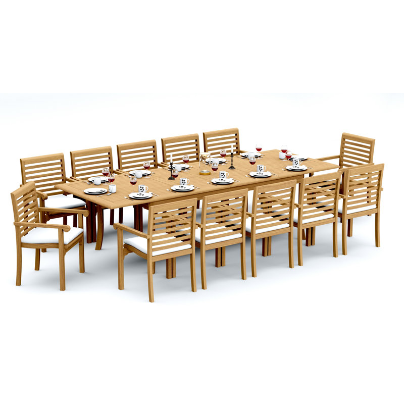 11 Pcs Grade-A Teak Wood Dining Set: 118" Double Extension Rectangle Table And 10 Alvarez Stacking Arm Chairs #11HR2410, 12