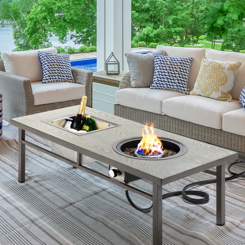 Kirtsey 47" Aluminum Coffee Table with Propane Fire Pit and Ice Bucket, Tan
