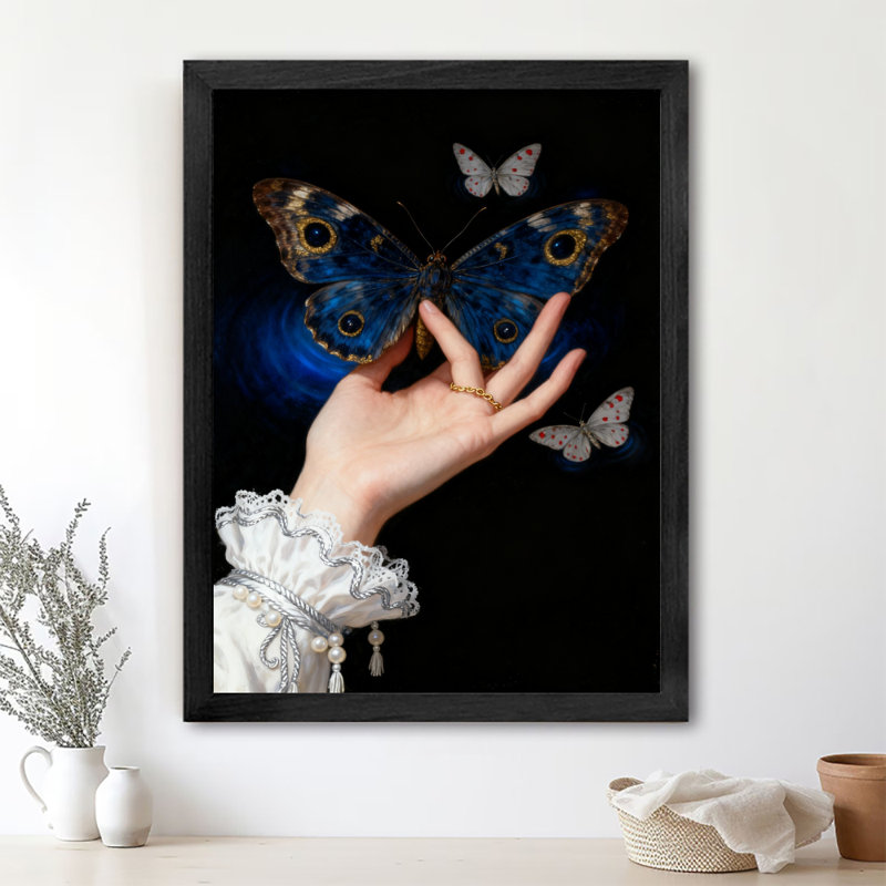 Reproduction d'art encadrée noire rétro «The Butterfly tomber sur la main», H 25 po x l 17 po