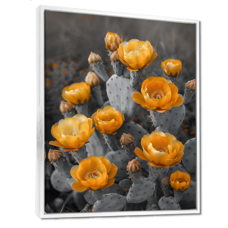 Monochromes jaunes, gris, cactus, fleurs du désert I - impression d'art mural cactus floral, Toile encadrée flottée blanche