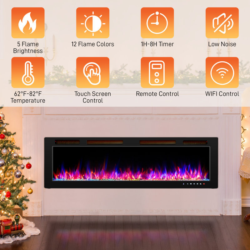 Foyer électrique mural avec 12 couleurs de flammes et fonction Wi-Fi en noir, H 18,5 po x l 60 po x P 4,1 po