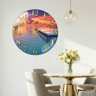 Sunset Pool Modern Decorated Glass Wall Clock Home Decor Art-23.6"