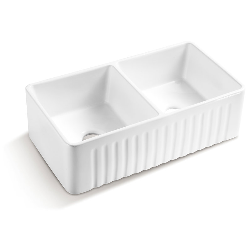 33*18*10" Ceramic White Kitchen Sink - Double Basin, Heat , Stain & Scratch , Rust Brilliant Design Sound Dampening, Rustproof