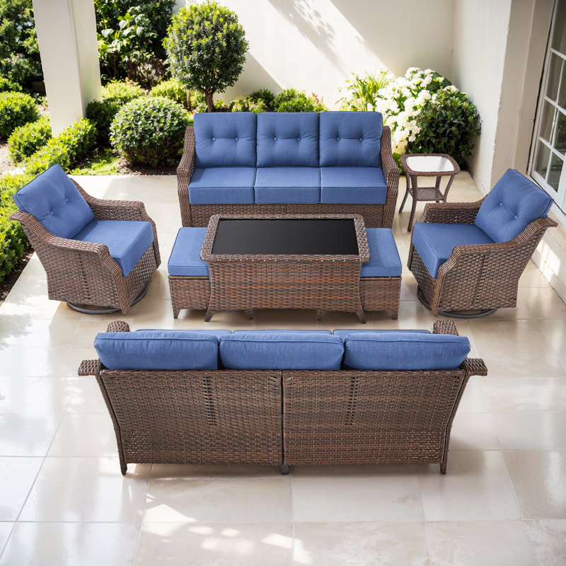 Acton 8 - Person Outdoor Wicker Sofa Seating Group With Ottomans And 6" Thick Cushions, Blue
