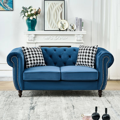 65" 2 Seater With Blue Velvet Upholstery, Rolled Arms, Nailhead, Mid Century Modern Design, Solid Pine Wood, Medium - Soft Seat, Spring Packs And High Density Foam, For Office Roll Armrest, Wood