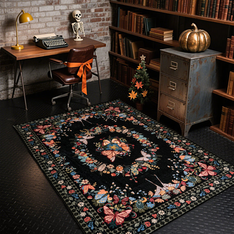 Butterfly Washable Rugs Indoor, Soft Low Pile Area Rug For Living Room, Dining Room, Black 4x6 Non Slip Decorative Rug for Bedroom, Performance Rug for Home Decor, Ideal For High Traffic Areas