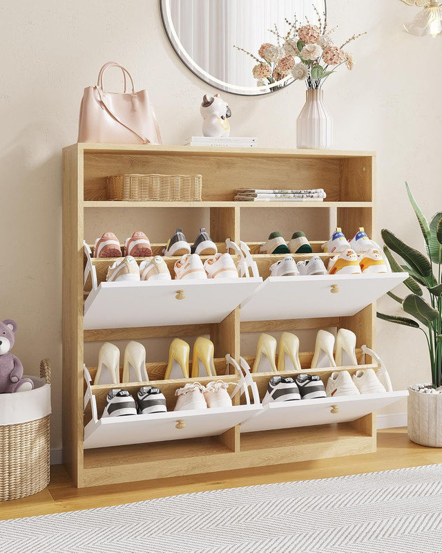 Narrow Shoe Cabinet with 4 Flip Drawers & Open Shelf, Wooden Freestanding Shoe Organizer