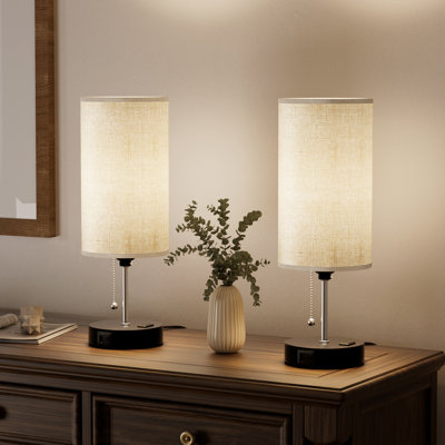 Table Lamp for Bedroom with AC Outlet and USB Ports,3 Color Tempreture Pull Chain Control 15" Beige Shade Bedside Lamp for Bedroom,Living Room,Bulbs Included