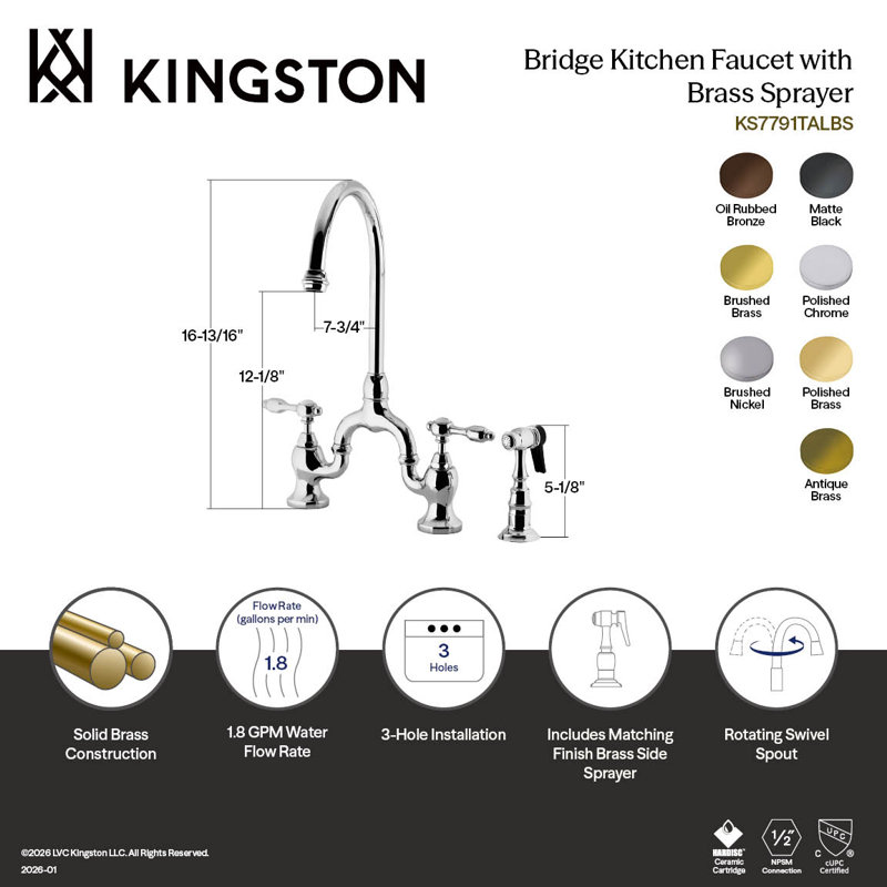 Kingston Brass Tudor Two-Handle 3-Hole Deck Mount Bridge Kitchen Faucet with Brass Side Sprayer, Oil Rubbed Bronze