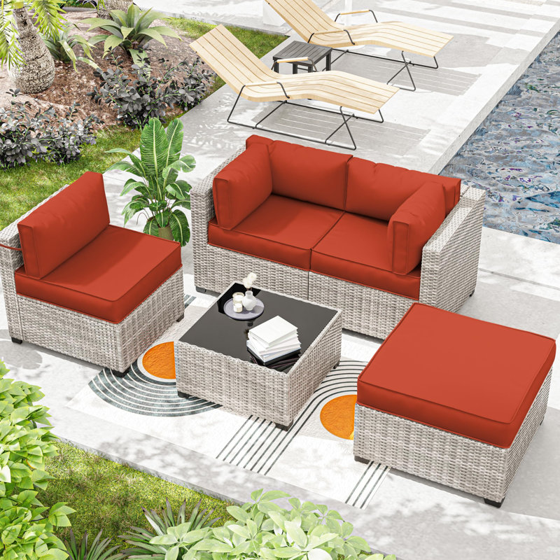 Outdoor 4" Thick Replacement Cushion Set Seat/Back Cushion (Set Of 3 Seats , 3 Backs , 2 Short Backs , 1 Footrest), Orange