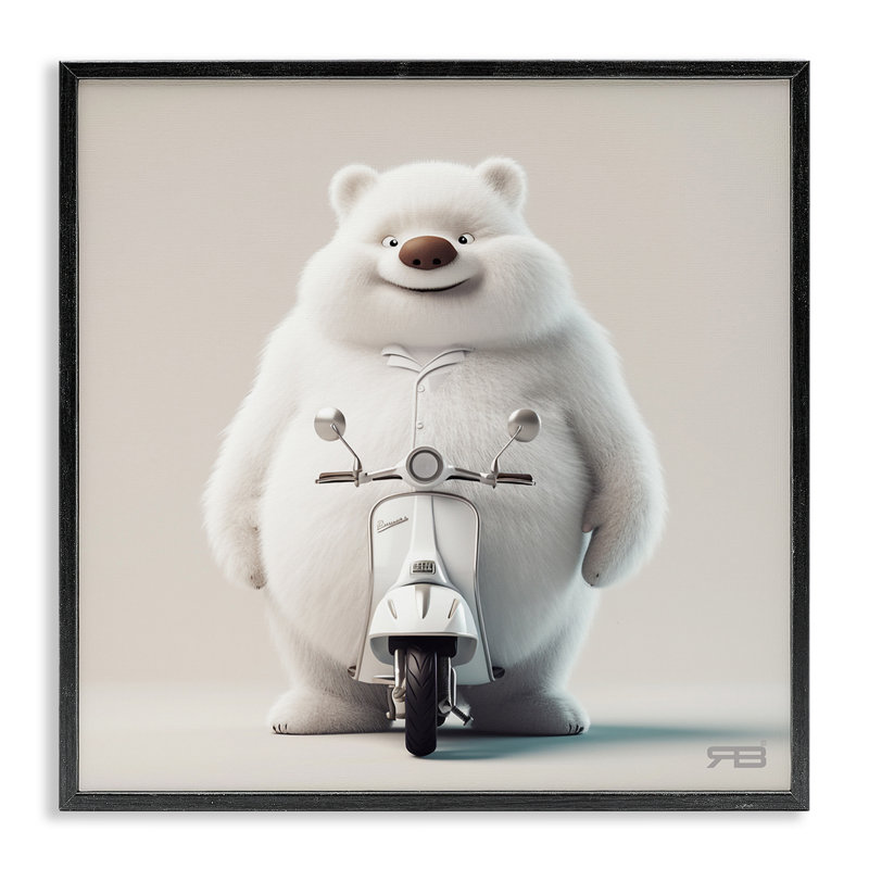 Drôle d'ours avec scooter, estampe numérique encadrée par RB, Giclée encadrée noir minuit, H 24 po x l 24 po