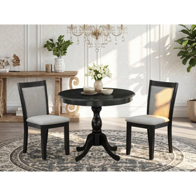 3 Piece Modern Dining Table Set Contains a Round Kitchen Table with Pedestal and 2 Shitake Linen Fabric Upholstered Chairs, Wirebrushed Black