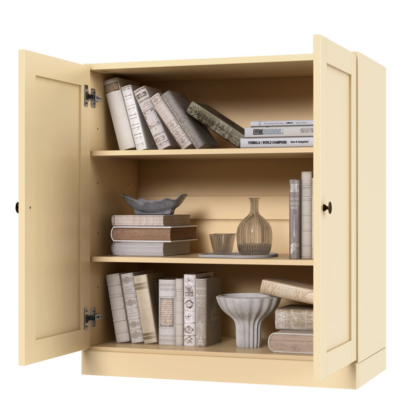 Bibliothèque 100% bois massif à 3 tablettes avec portes, bibliothèque avec tablettes réglables, l 35,75 po x H 32 po, Jaune