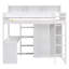 Lit mezzanine en bois avec plusieurs tablettes de rangement et garde-robe-319379484