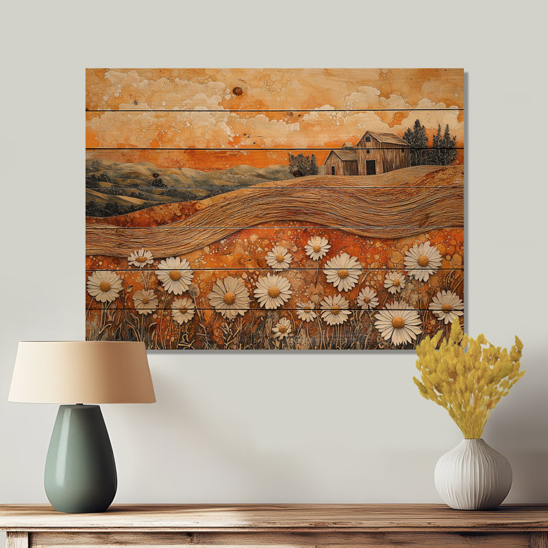 «Daisies Flowers Barn Bold Landscape II» - impression sur bois de marguerites - sur bois de pin naturel