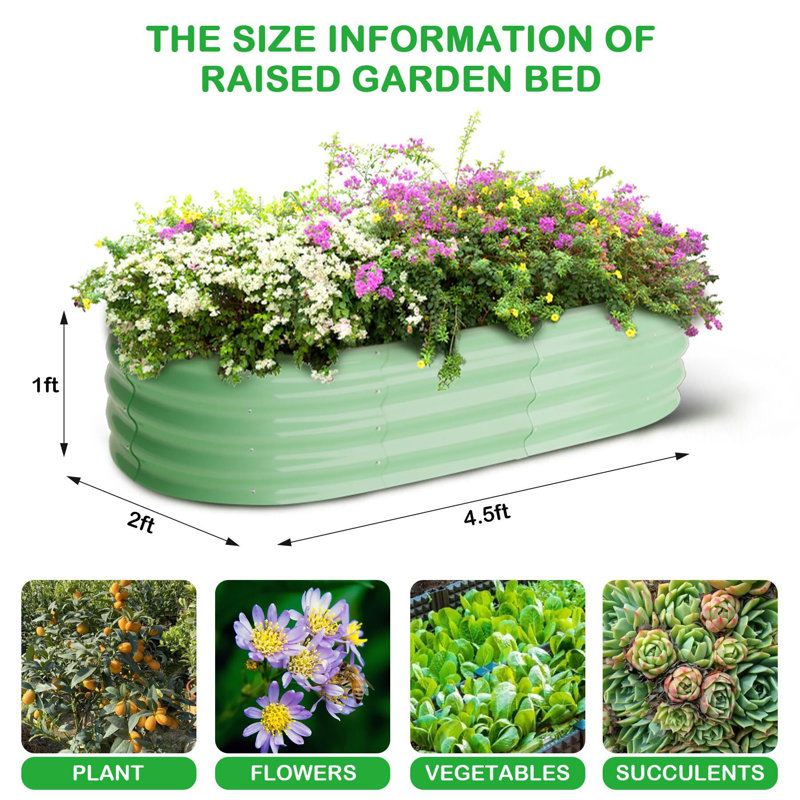 2 Pcs 4.5x2x1ft Oval Raised Garden Bed, Galvanized Raised Beds,Open-Ended Base Metal Raised Planter Beds,Garden Bed Outdoor,Planter Raised Boxes for Vegetables, Flowers,Tool-Free Asse,Green
