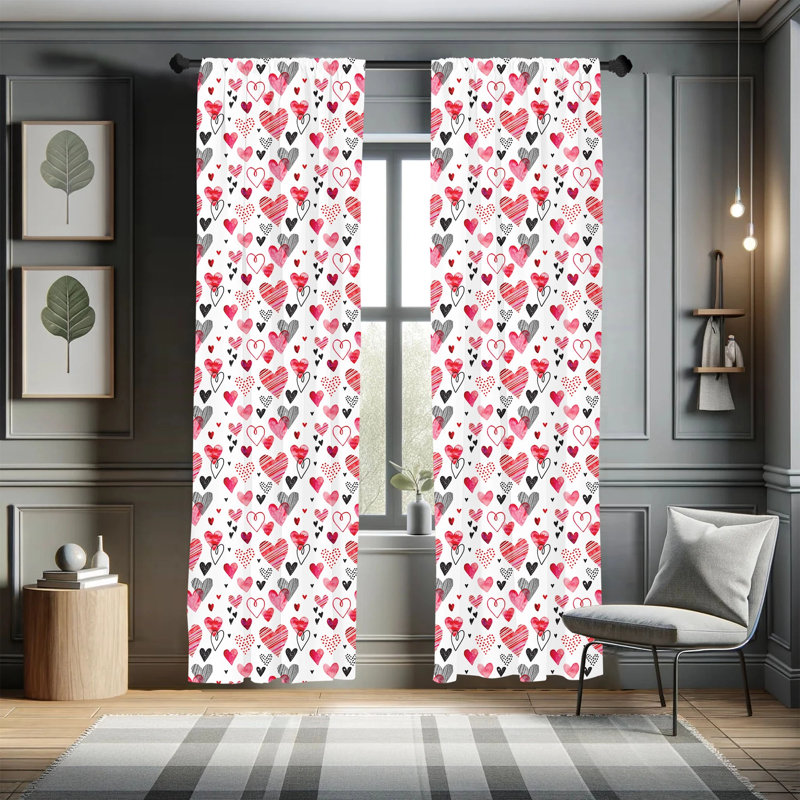 Romantic Hearts Pink Black White Polyester Rod Pocket Curtain Panels