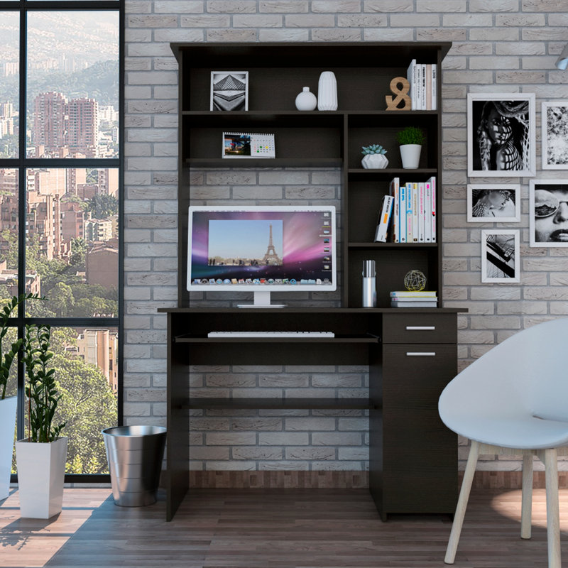 Wenge 2-Drawer 7-Shelf Computer Desk With Hutch, Maximizing Storage And Organizational Efficiency For Modern Workspaces