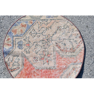 Vintage Handmade Oushak Rug - Turkish Circle Door Mat Perfect as Small Entry Rug or Gift Blue/Red