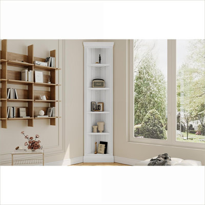 Tablette de coin moderne à 5 niveaux, hauteur de rangement de 83,4 po, blanc neige avec tablettes réglables | Bois massif et panneau de fibres à densité moyenne