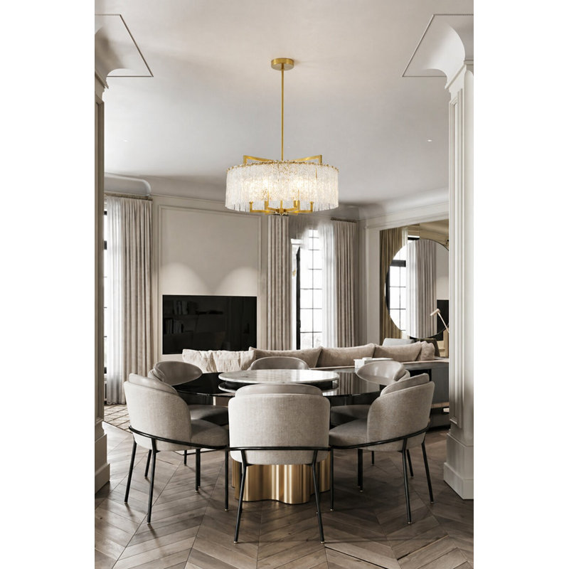 6-Light Brass Chandelier With Hanging Clear Rippled Glass, 24" H x 24" W x 24" D
