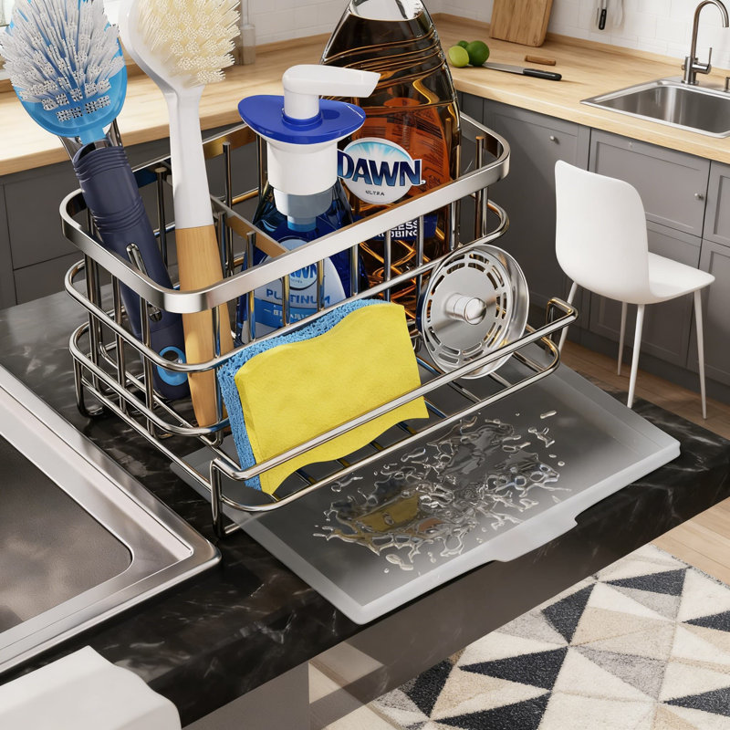 Ensemble de 2 éviers de cuisine en acier inoxydable avec plateau de drain, organisateur d'évier à 3 compartiments pour éponges, brosses et bouteilles de savon, solution de rangement de comptoir antirouille