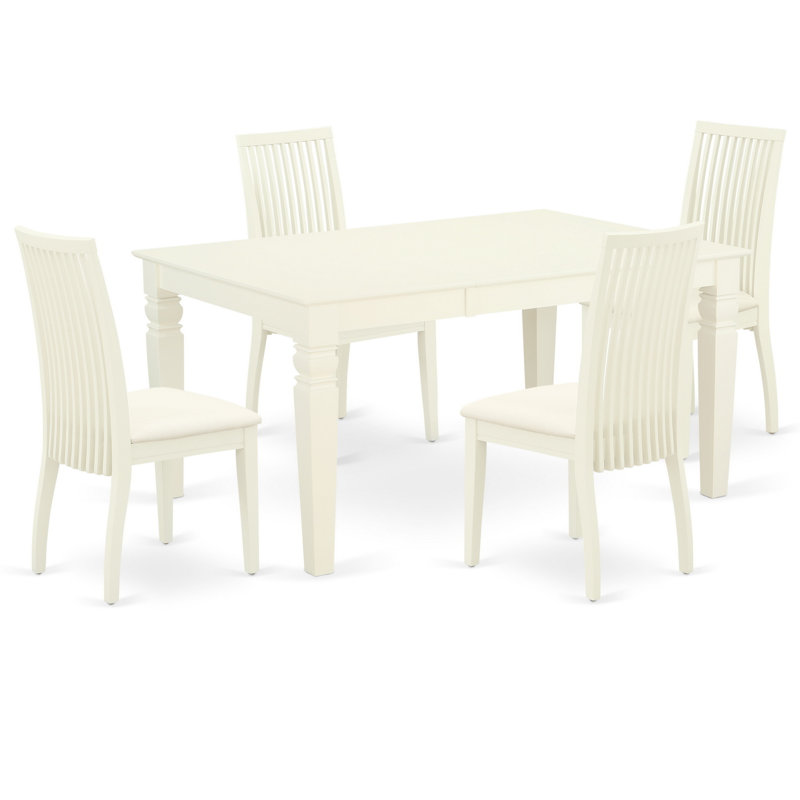 Ensemble de table de salle à manger 5 pièces comprenant une table de cuisine rectangulaire avec rallonge papillon et 4 chaises en lin, blanc lin
