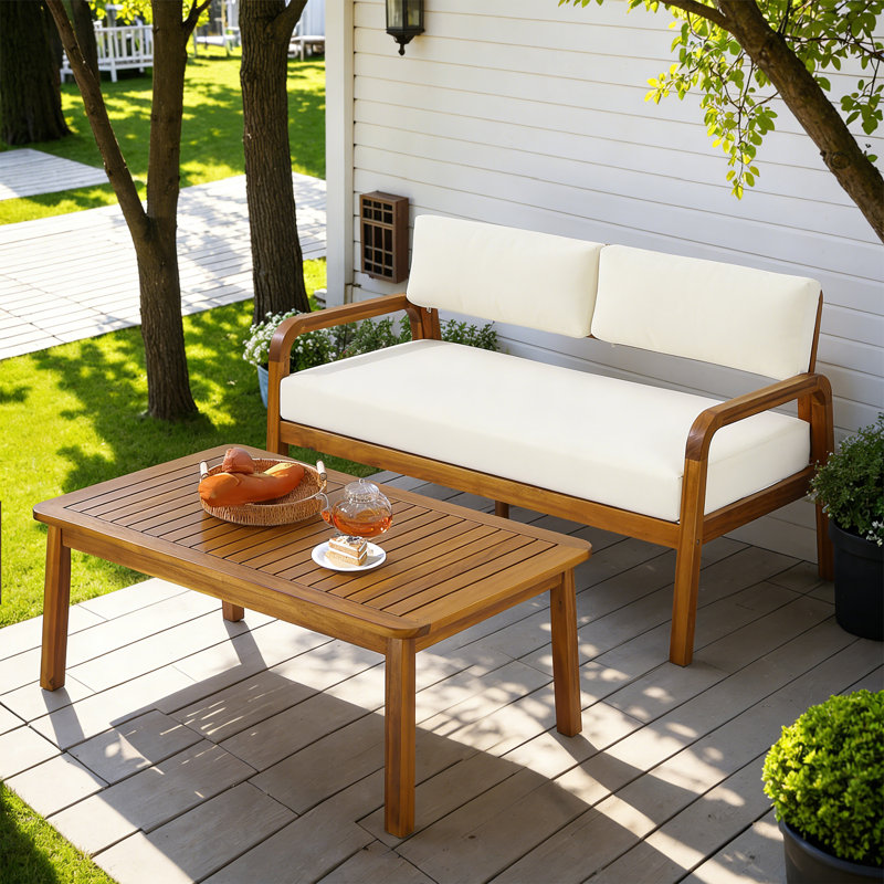 Elzy Outdoor 2-Piece Acacia Wood Conversation Set With Slatted Tabletop & Cushions