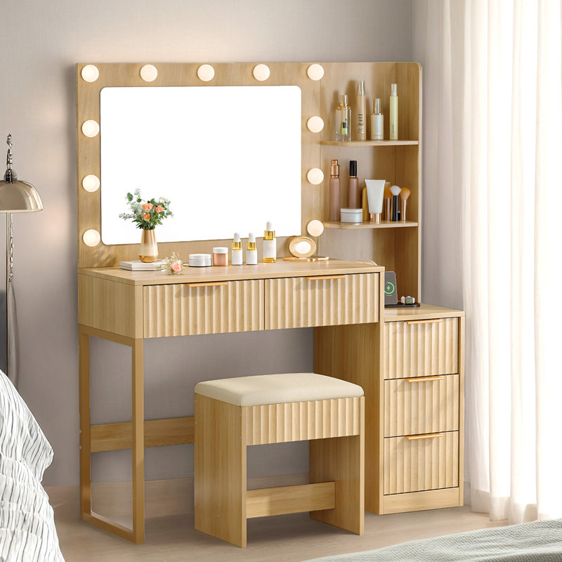 Ensemble de meuble-lavabo lumineux - 11 ampoules à 3 couleurs à intensité variable, 5 tiroirs, Beige