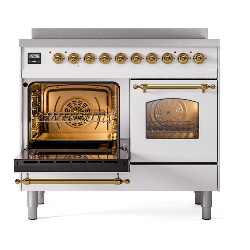 Cuisinière à induction 40 pouces avec 6 éléments à induction ILVE Nostalgie II Series (porte en verre), Blanc/laiton