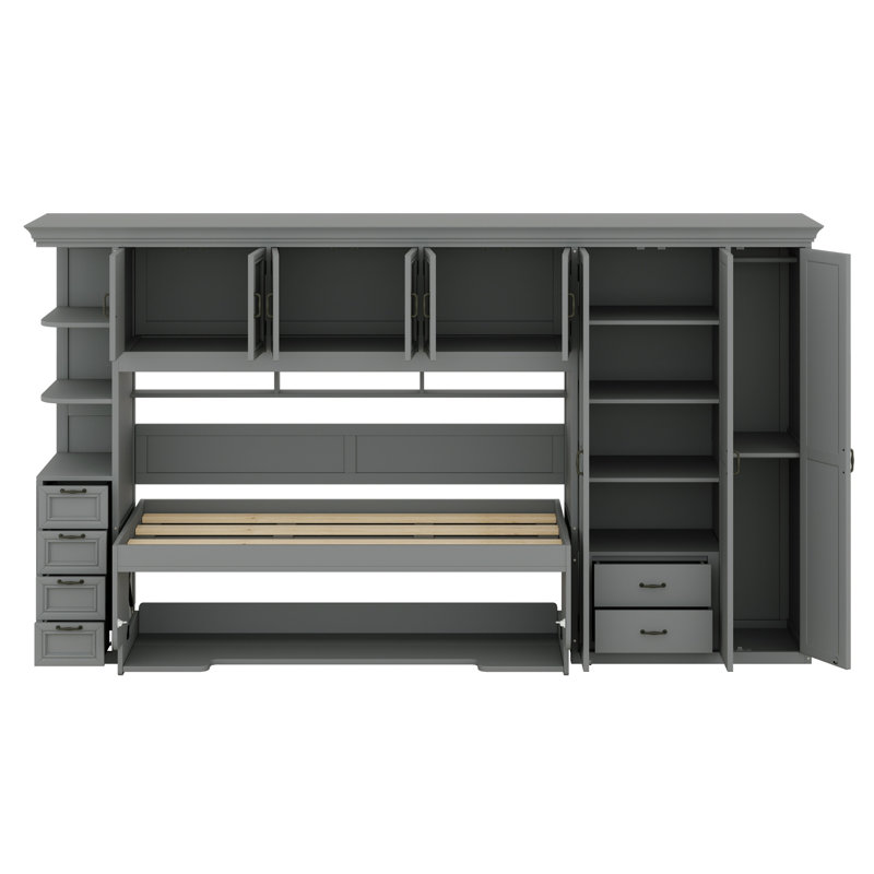 Lit escamotable peu encombrant avec garde-robe, armoire et bureau, Gris