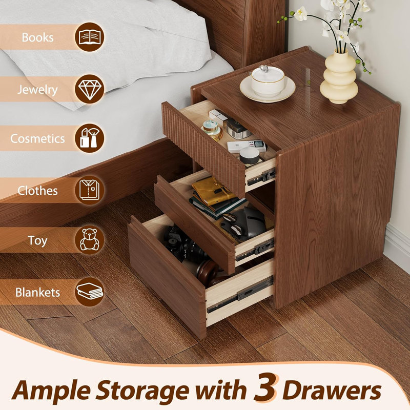 3-Drawer Solid Wood Nightstand with Pull-Out Shelf
