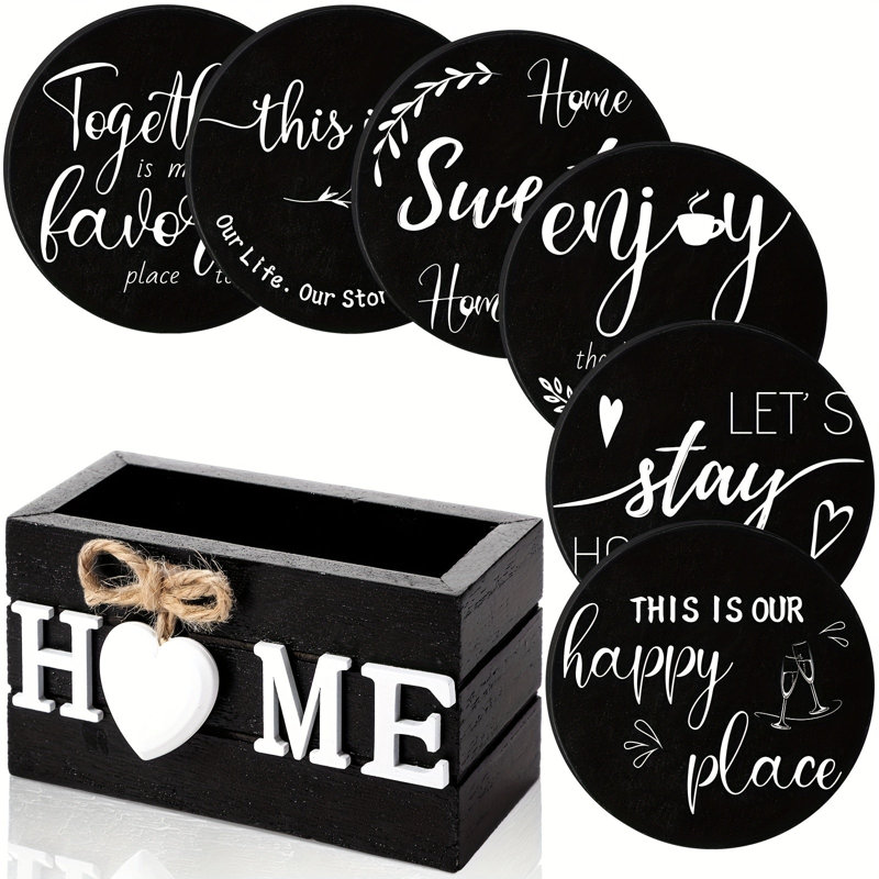 6Pc Black Wooden Heart Coasters With Holder, Brown