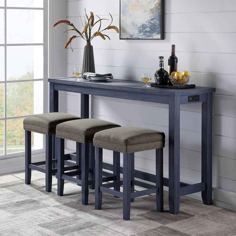 4pc Dining Table Set, 4 Pieces: Table, 3 Chairs, Antique Blue/Gray, 36" H x 64" W x 18" D