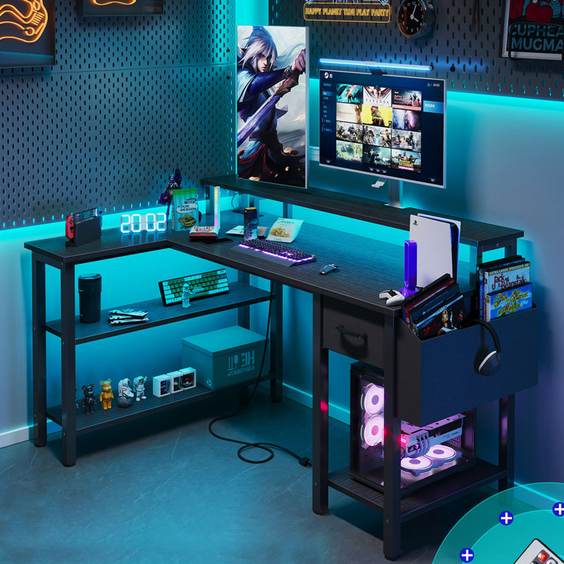 Bureau d'ordinateur avec support pour Ã©cran, bureau de jeu avec Ã©clairage DEL et prises Ã©lectriques