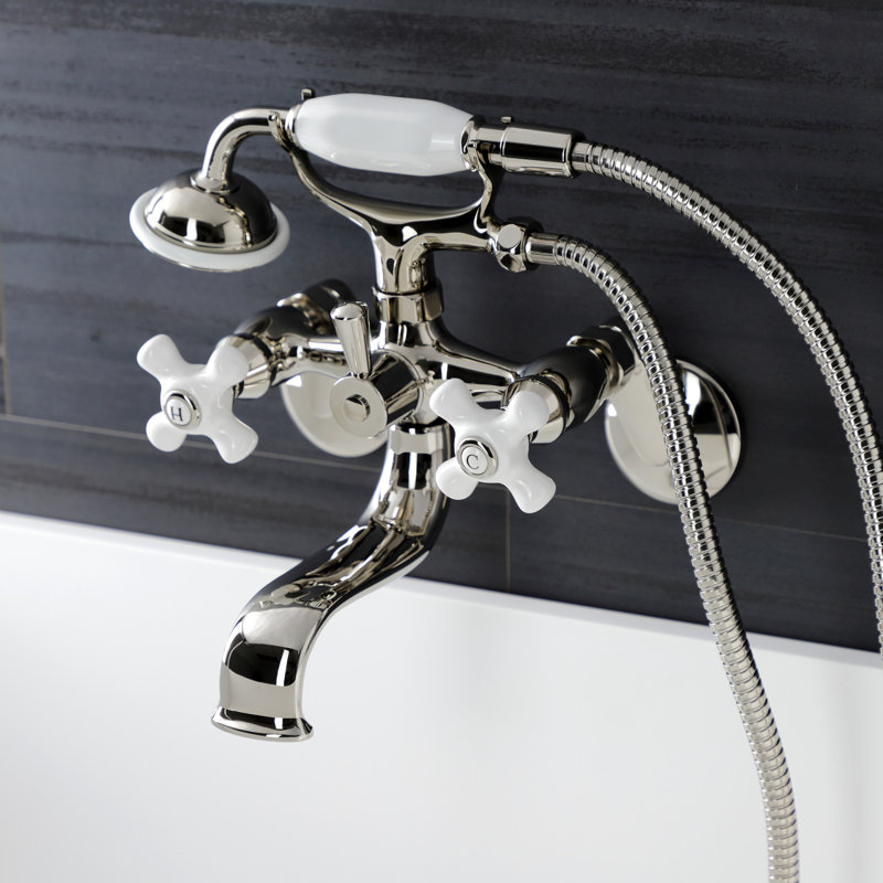 Kingston Brass Kingston Three-Handle 2-Hole Wall Mount Clawfoot Tub Faucet with Hand Shower, Polished Nickel