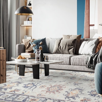 Tapis Oushak délavé - Tapis Boho à imprimé géométrique rétro pour salon, chambre à coucher