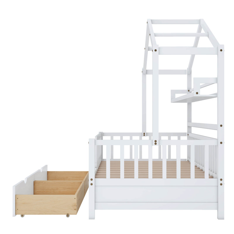 Lit en bois avec 2 tiroirs, lit pour enfant avec tablette de rangement Sigisbert, Complète, Blanc