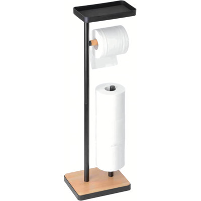 Porte-papier hygiénique, porte-papier hygiénique autoportant avec rangement et tablette supérieure, base de papier hygiénique noir avec conception en bambou pour salle de bain