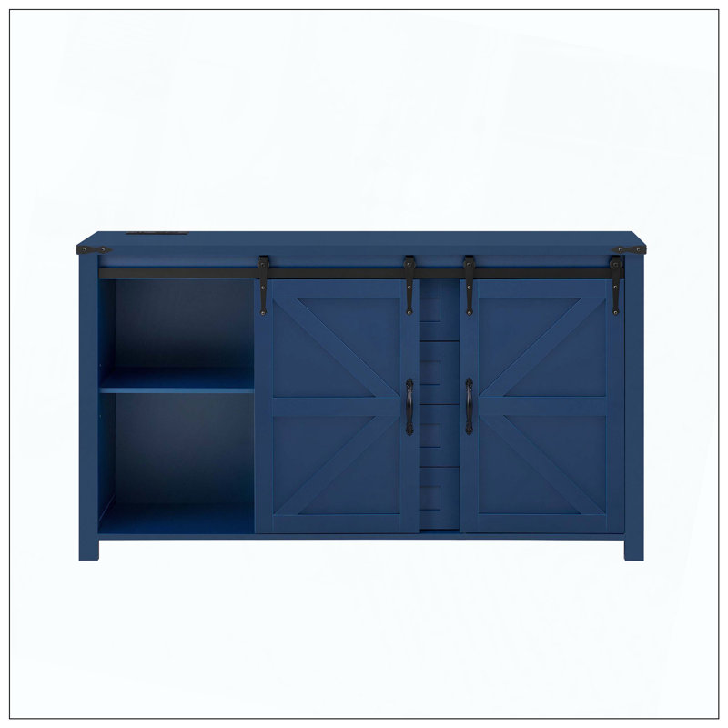 Farmhouse Sideboard With Sliding Doors Drawers Power Outlet, Navy Blue
