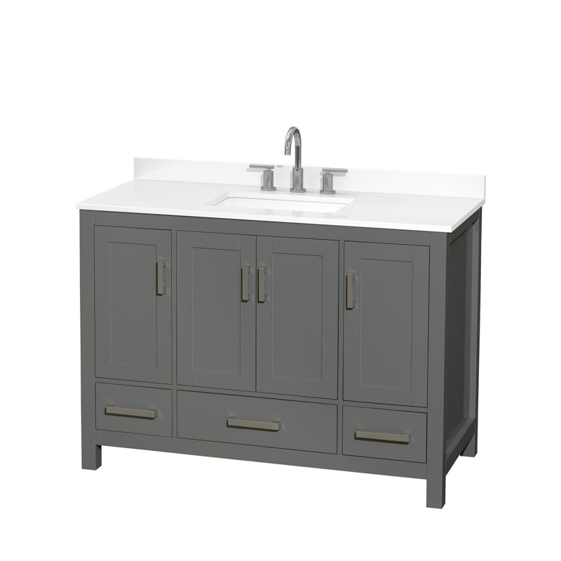 Meuble-lavabo simple autoportant 48 po avec plateau en quartz Sheffield, Quartz blanc, Gris foncé