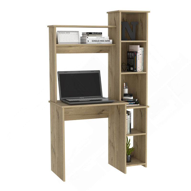 Bureau, cinq tablettes, deux tablettes supérieures, chêne clair