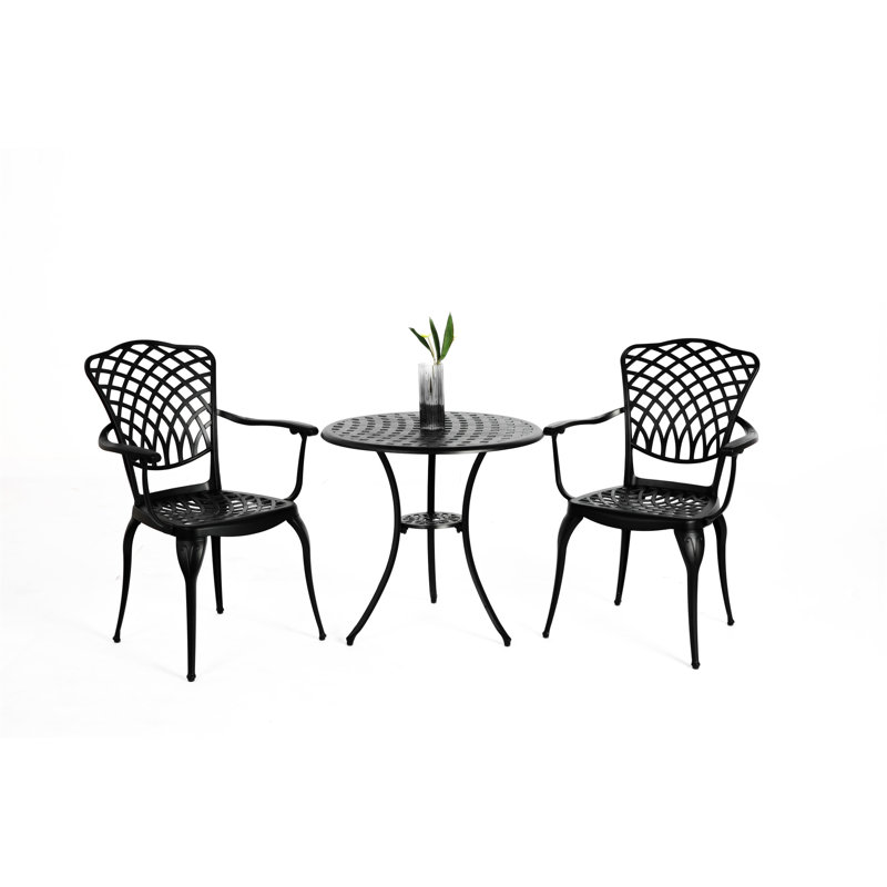 3 Piece Patio Bistro Set Cast Aluminum Bistro Table And Chairs Set Of 2 With Umbrella Hole, Black