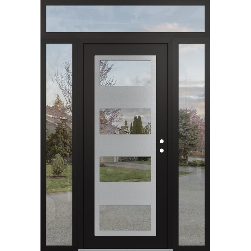 Panneau d'entrée en acier argenté avec 2 panneaux latéraux et porte d'entrée pré-montée, L 60 po x H 96 po, Clair, Gauche