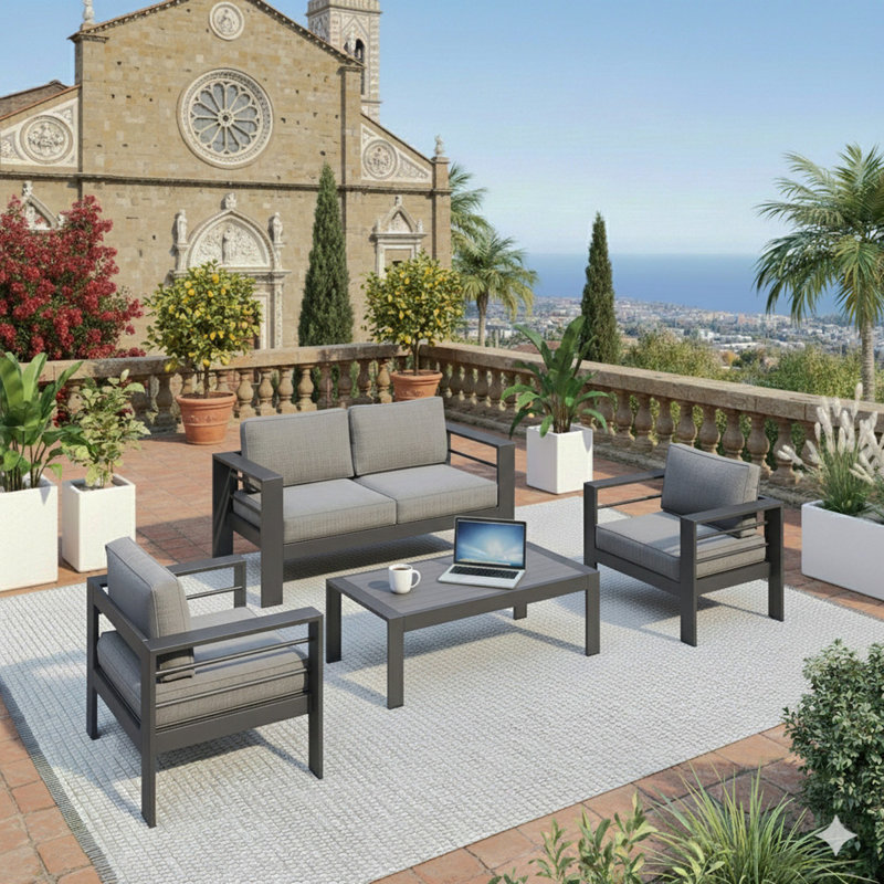 Ensemble de conversation moderne en aluminium pour patio, canapé d'extérieur avec coussins épais et structure et table basse