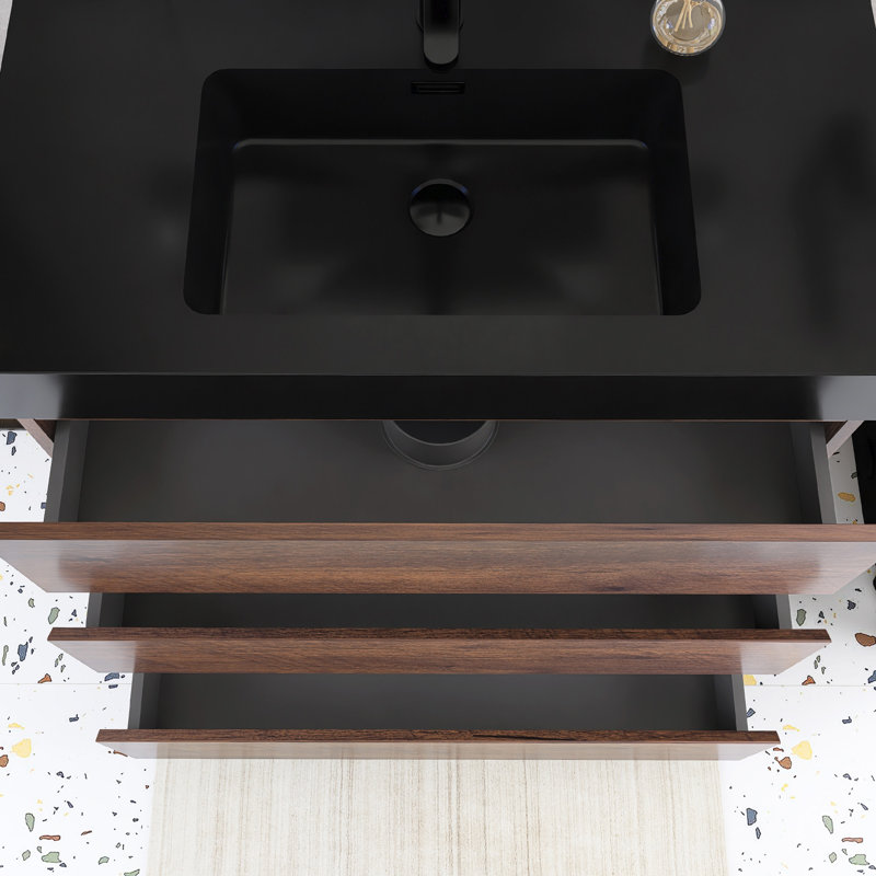 Meuble-lavabo sur pied 36 po avec plateau en résine intégré, Noyer