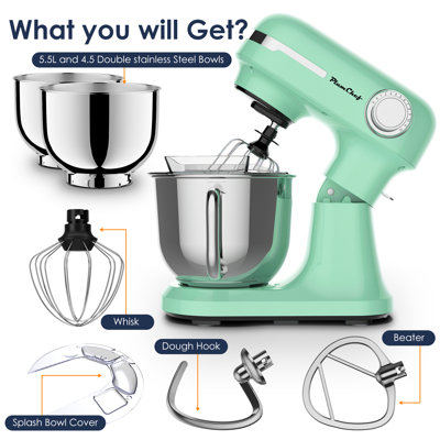 5.5QT & 4.5QT Dual Bowl Stand Mixer, 12-Speed Tilt-Head Food Mixer with Stainless Steel Bowls, Dough Hook, Beater & Whisk for Home Baking, Light Green